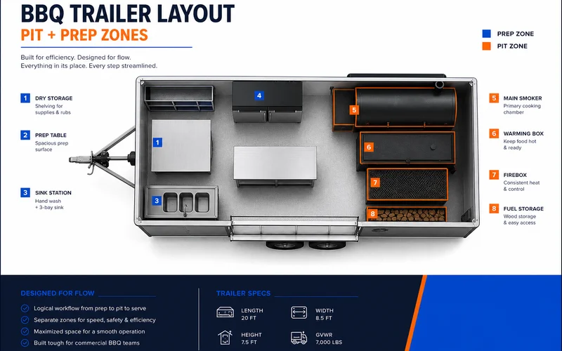 Layout diagram of a BBQ trailer showing pit and prep zones