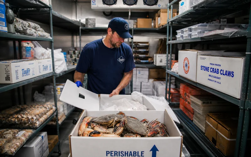 A coastal NC restaurant kitchen stocking the walk-in freezer for the summer rush