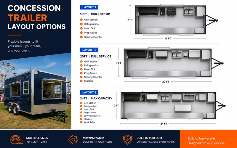 Concession trailer layout options for festivals and events
