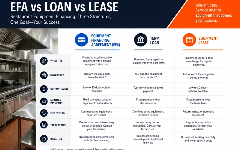 Comparison graphic showing EFA, equipment loan, and lease for restaurant gear