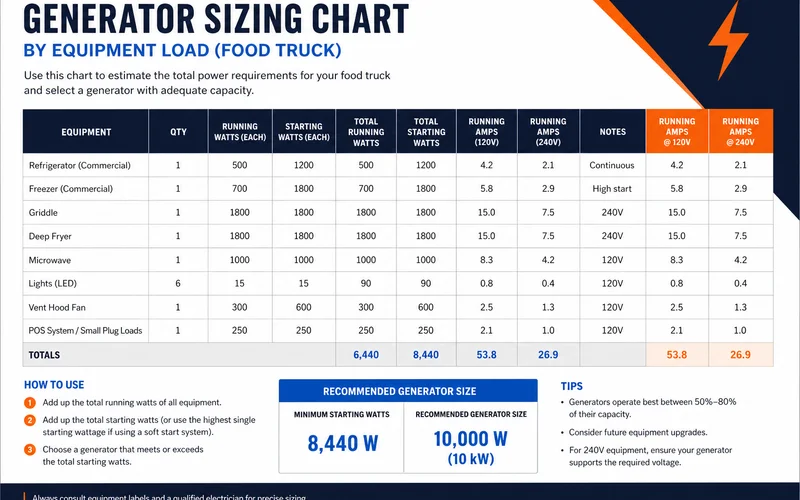 Generator sizing chart by equipment load