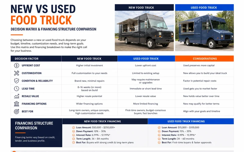 Decision matrix for new vs used food truck financing