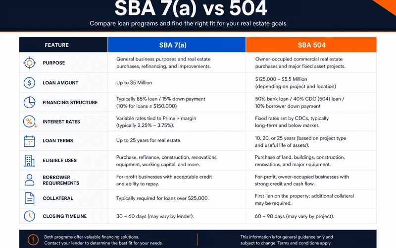 SBA 7(a) vs. 504 comparison table