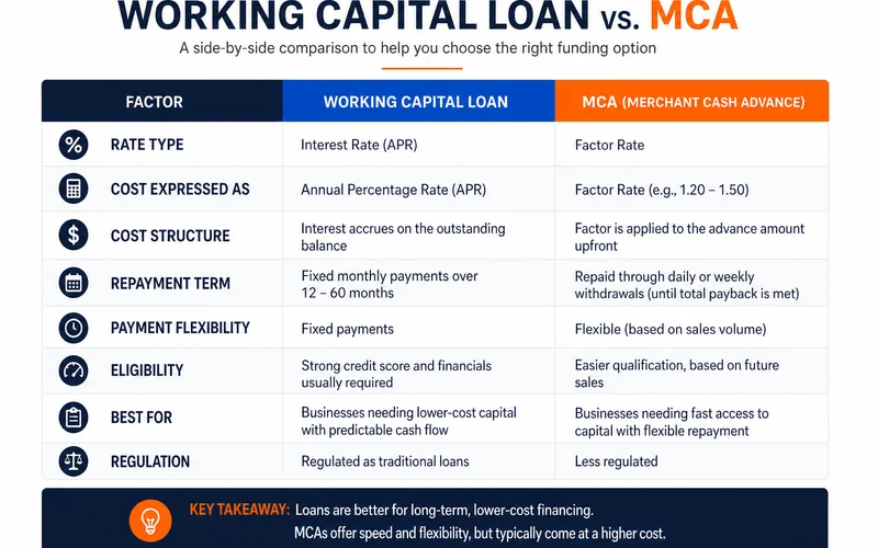 Working capital loan vs MCA comparison table