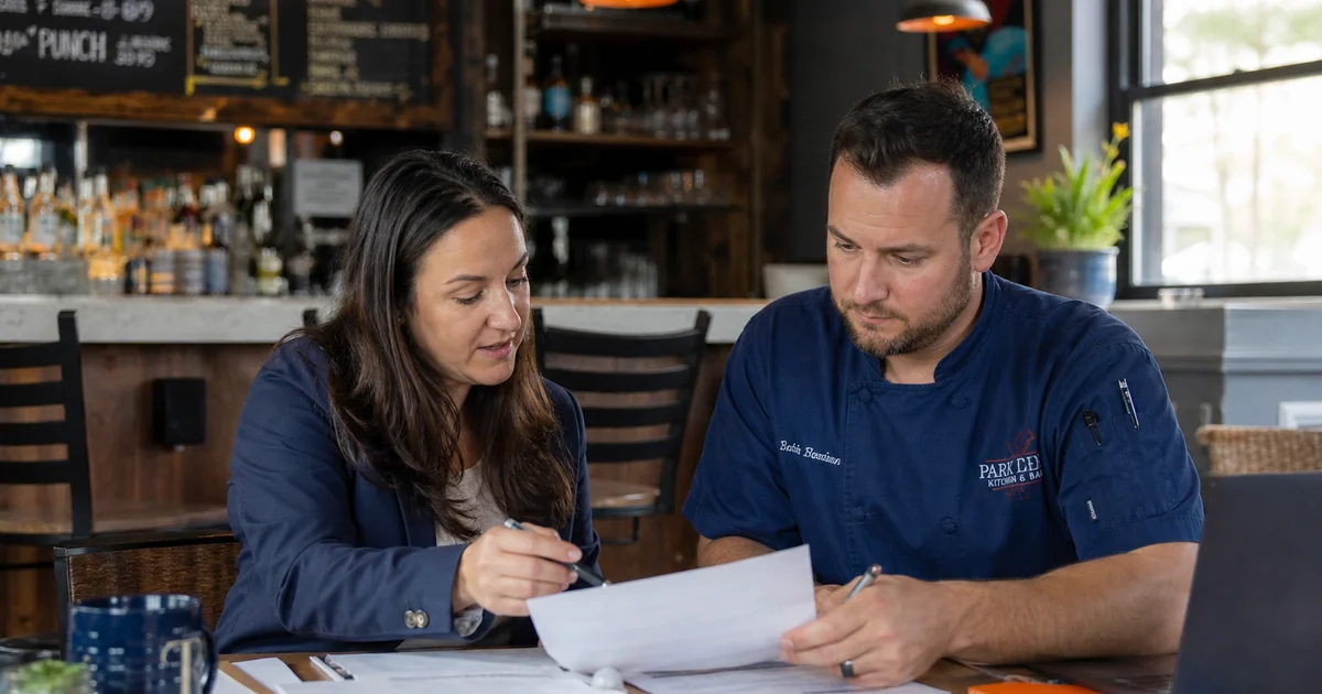 An accountant and restaurant owner reviewing eligibility documents
