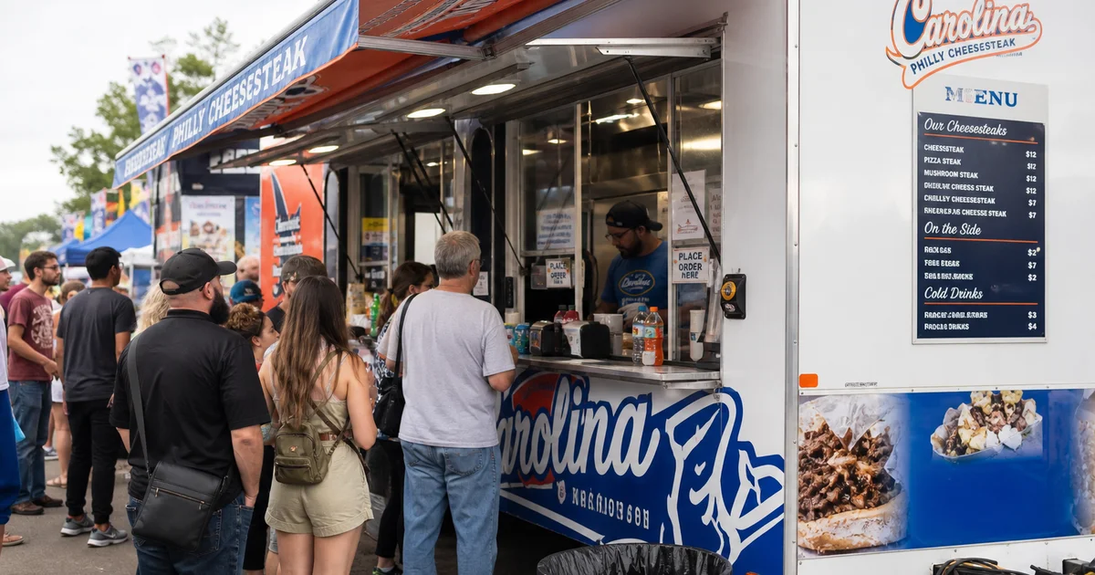 A bright concession trailer at a North Carolina fair with the awning open