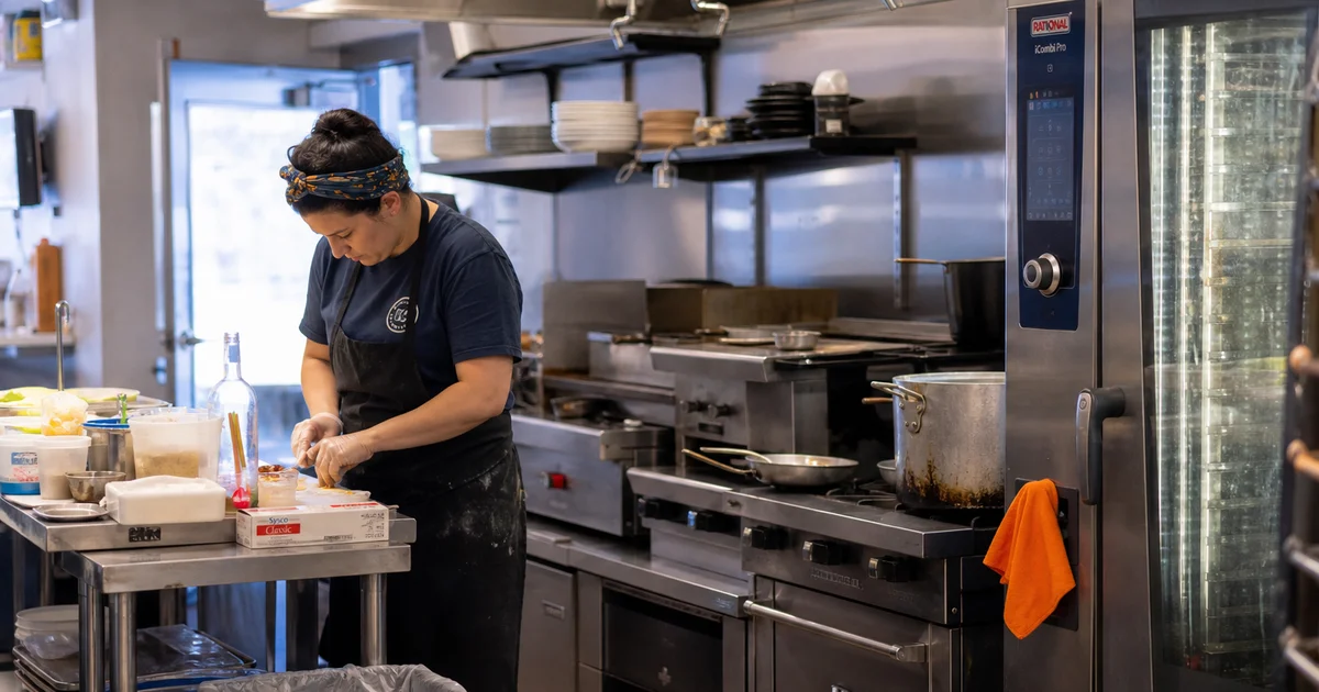 Commercial kitchen with stainless steel ranges and ovens in a North Carolina restaurant