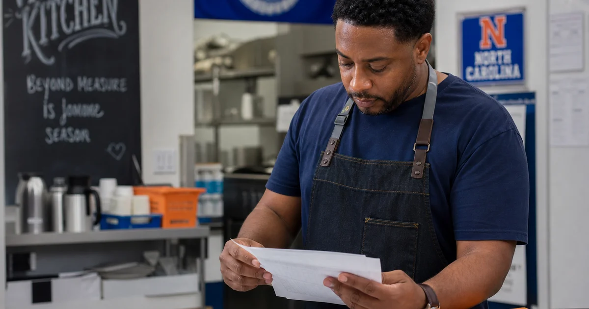 A determined restaurant owner reviewing financing paperwork in their NC kitchen