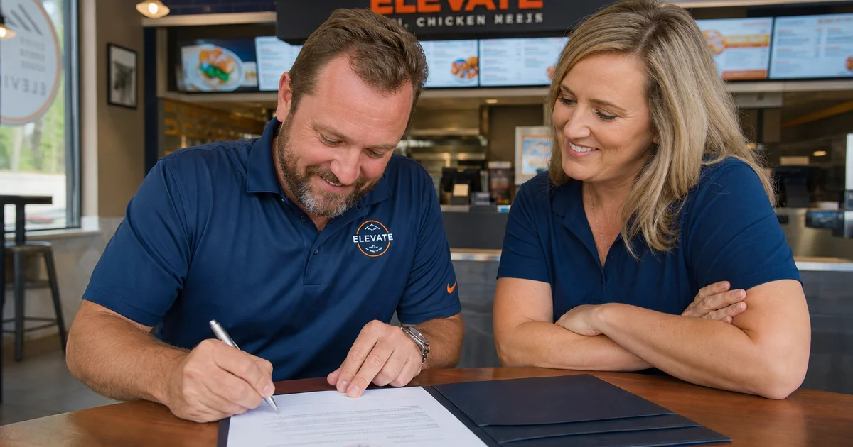 A franchise buyer signing acquisition paperwork