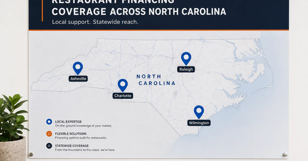 A map of North Carolina with markers showing Restaurant Financing Pros NC coverage across every major metro