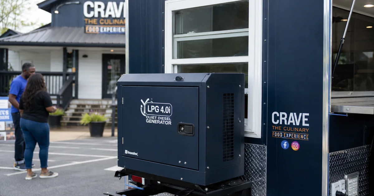 A quiet diesel generator mounted on the exterior of a food truck