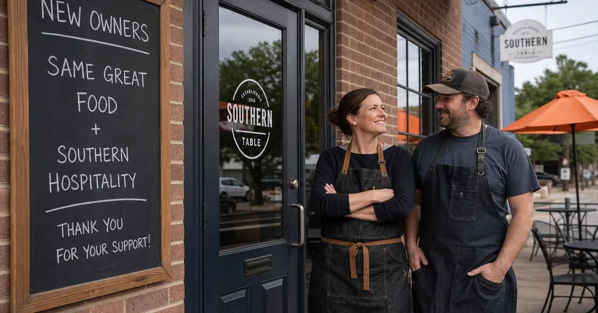 A restaurant building exterior during an ownership transition