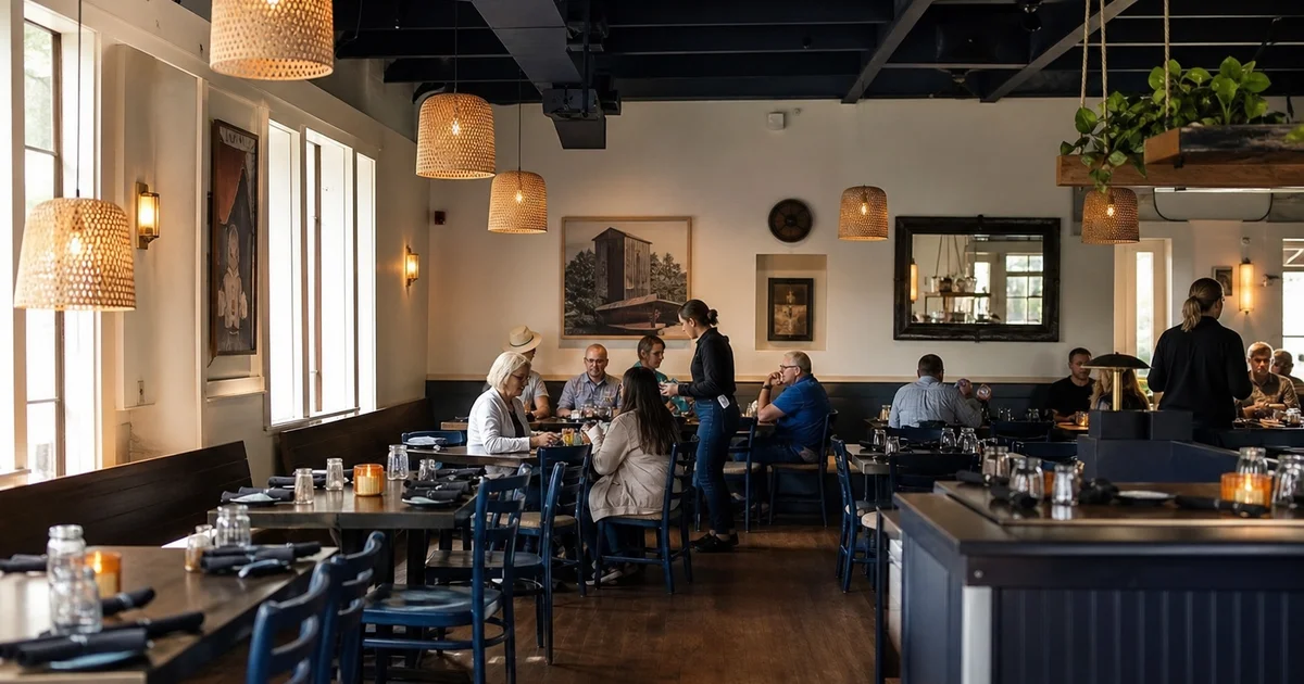 A restaurant dining room with new tables, chairs, and lighting fixtures