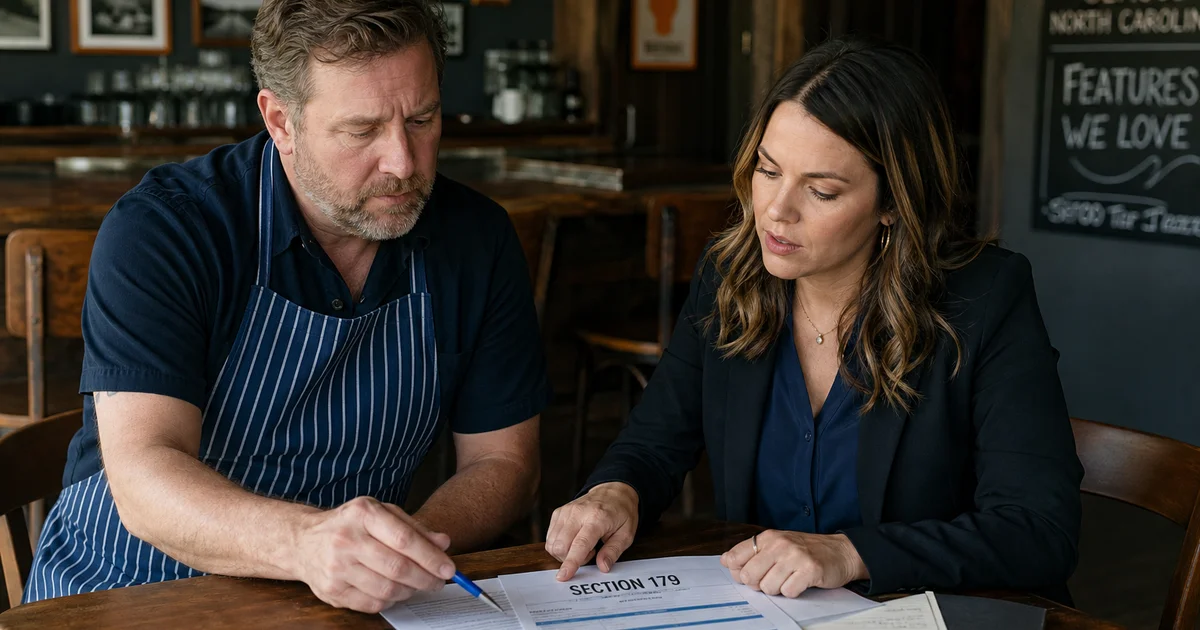 A restaurant owner and accountant reviewing Section 179 tax documents