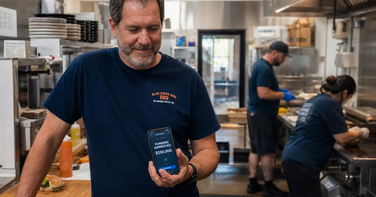 A restaurant owner checking their phone for funding approval