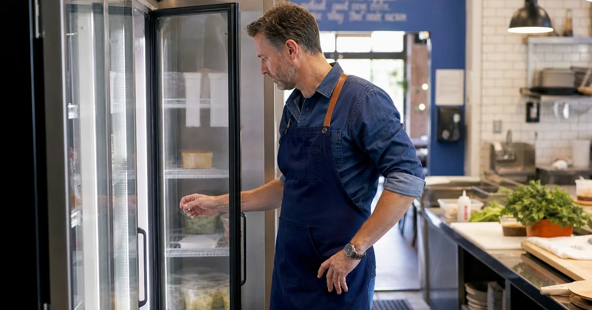 A restaurant owner inspecting a commercial refrigerator