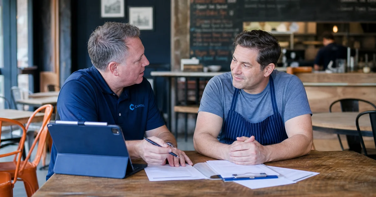 A restaurant owner on the phone with a financing advisor in a NC kitchen