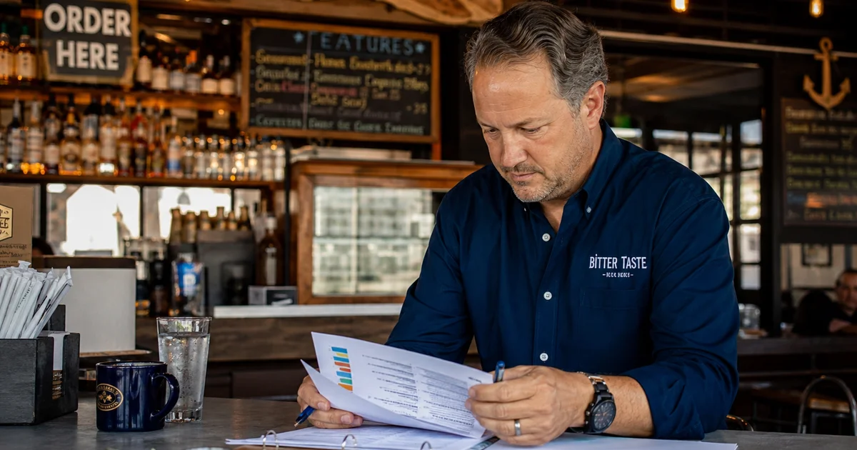 A restaurant owner reviewing financials at the bar counter