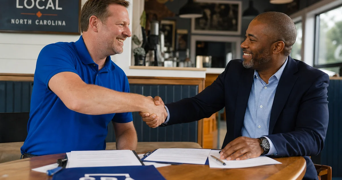 A restaurant owner shaking hands at an SBA-backed acquisition closing