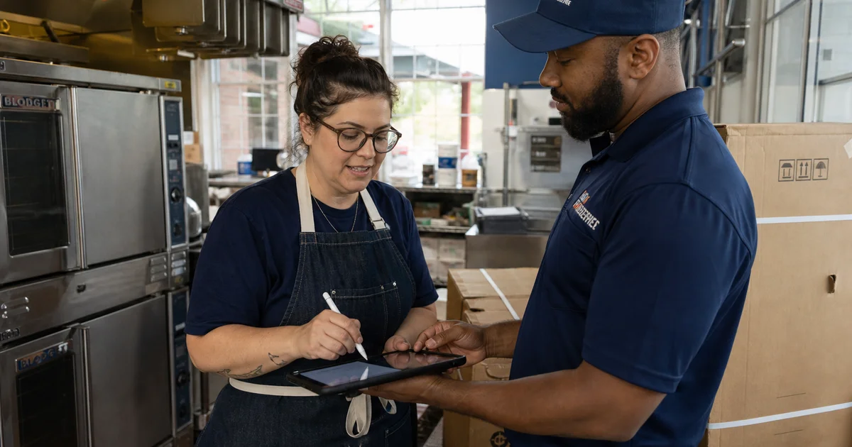 A restaurant owner signing DocuSign on a tablet with equipment delivery happening behind