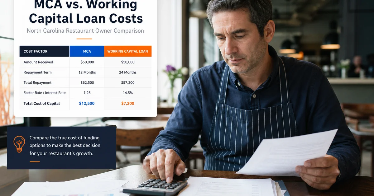 A restaurant owner using a calculator to compare MCA vs working capital costs