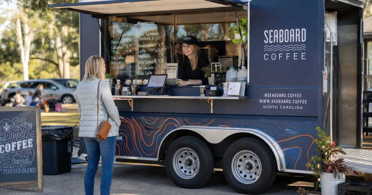 A stylish coffee trailer with espresso machine and serving window at a NC morning market