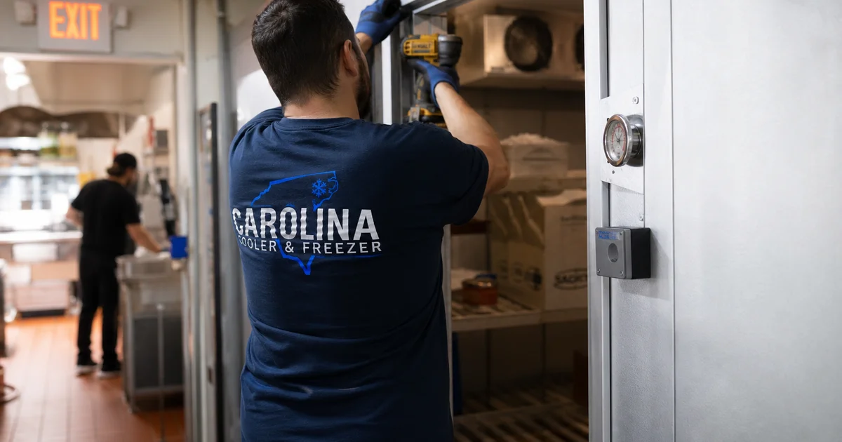 A technician installing an emergency replacement walk-in cooler