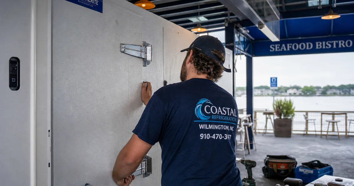 A refrigeration technician installing a replacement walk-in cooler at a Wilmington seafood bistro