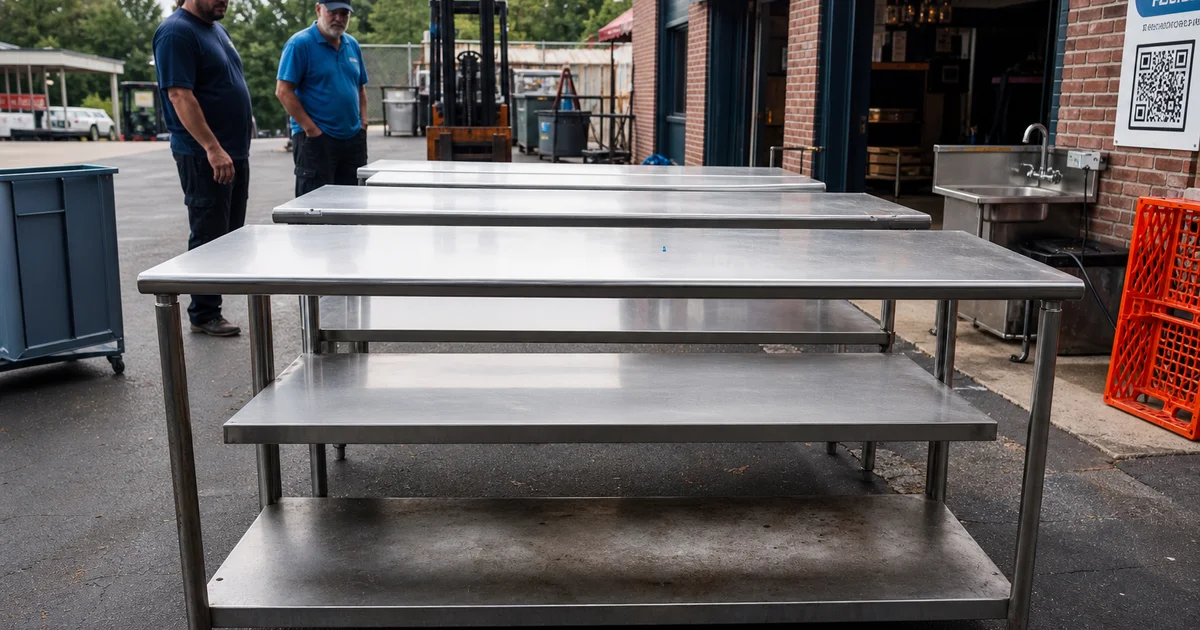 Used stainless steel prep tables at a North Carolina restaurant equipment auction