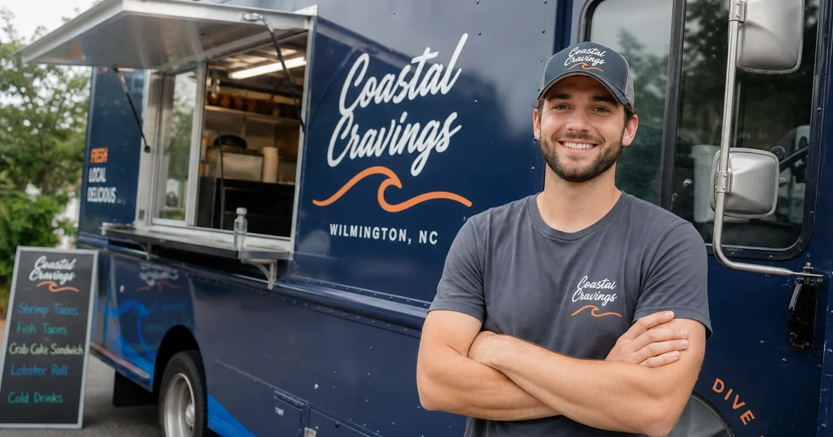 A young first-time food truck owner standing proud beside their new truck